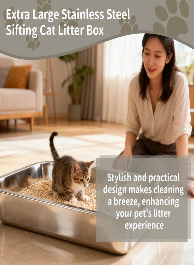 MXCELL Stainless Steel Sifting Cat Litter Box - 17.5" x 13.5" x 4" Metal High Sided Open Top Cat Pan Sifting Non Stick Surface Litterbox Odor Control Non-Clumping with Scoop Litter Mat Trash Bag - Image 3